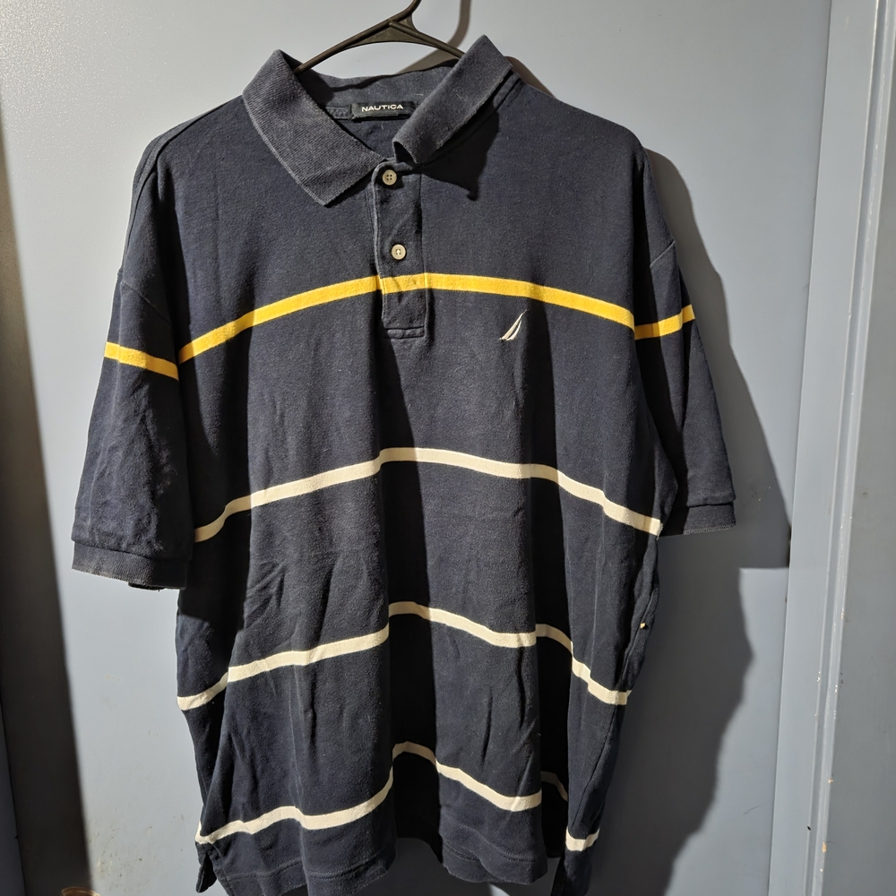 Nautica Men's Polo in Navy with Yellow and White Stripes